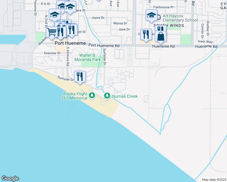 map of restaurants, bars, coffee shops, grocery stores, and more near 671 Reef Circle in Port Hueneme