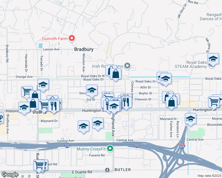 map of restaurants, bars, coffee shops, grocery stores, and more near 915 Highland Avenue in Duarte