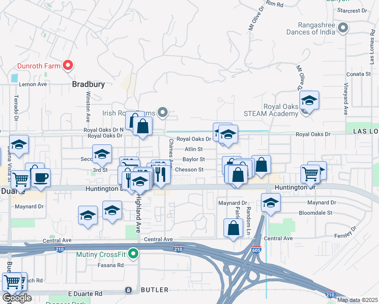 map of restaurants, bars, coffee shops, grocery stores, and more near 1944 Atlin Street in Duarte