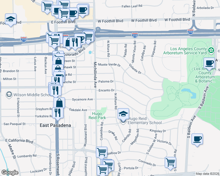 map of restaurants, bars, coffee shops, grocery stores, and more near 1117 Encanto Drive in Arcadia