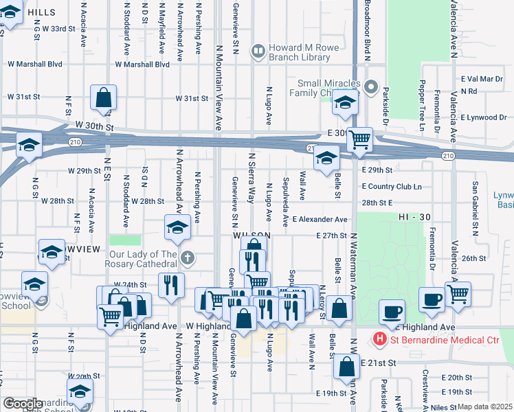 map of restaurants, bars, coffee shops, grocery stores, and more near 2795 North Sierra Way in San Bernardino