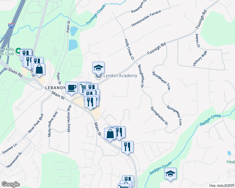 map of restaurants, bars, coffee shops, grocery stores, and more near 925 Lebanon Place in Woodstock