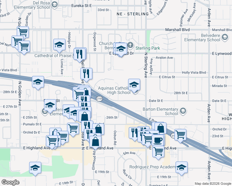 map of restaurants, bars, coffee shops, grocery stores, and more near 6150 Merito Avenue in San Bernardino