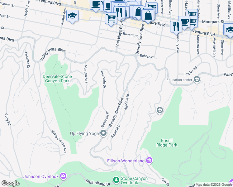 map of restaurants, bars, coffee shops, grocery stores, and more near 3947 Sumac Drive in Los Angeles