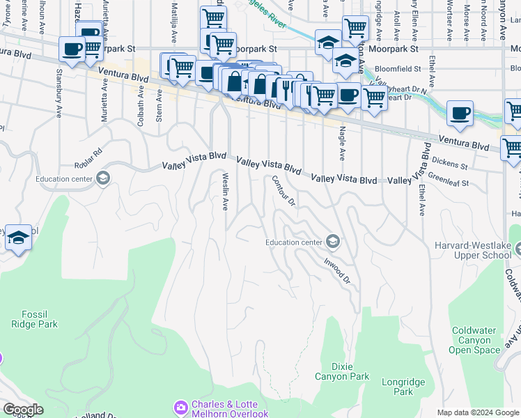 map of restaurants, bars, coffee shops, grocery stores, and more near 3946 Ventura Canyon Avenue in Los Angeles