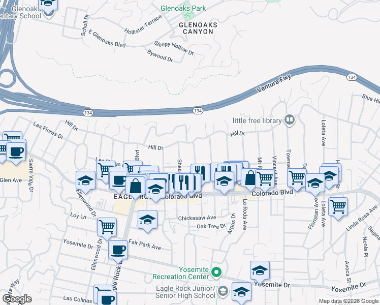 map of restaurants, bars, coffee shops, grocery stores, and more near 5209 Highland View Avenue in Los Angeles
