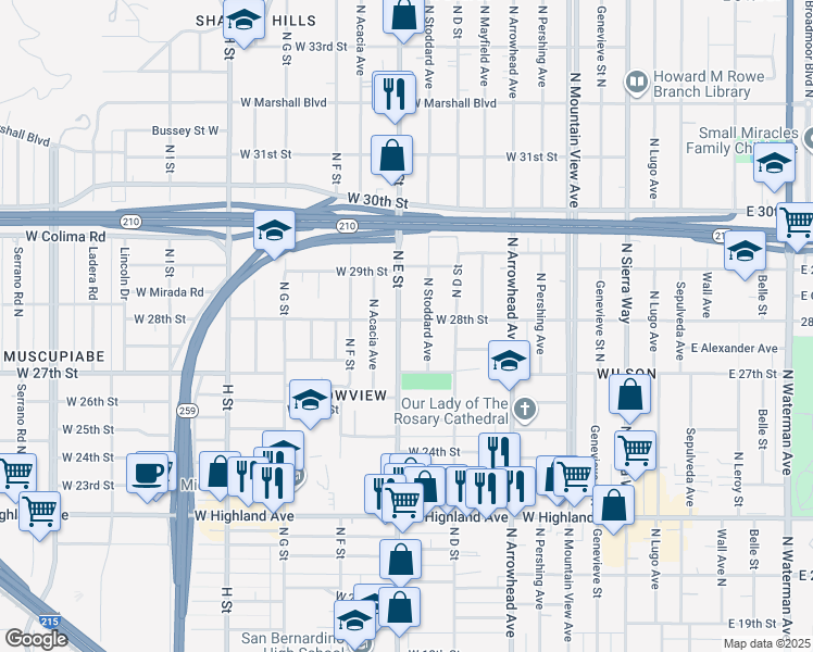map of restaurants, bars, coffee shops, grocery stores, and more near 2743 North E Street in San Bernardino