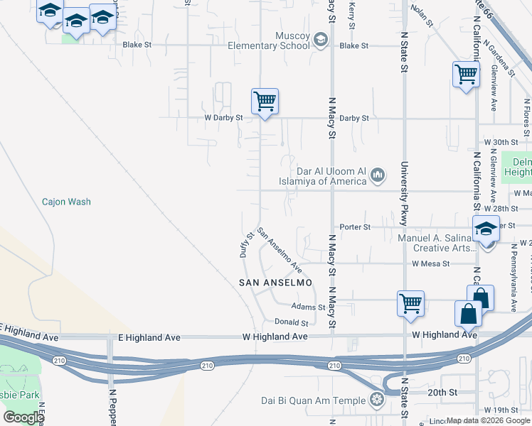 map of restaurants, bars, coffee shops, grocery stores, and more near 2751 Duffy Street in San Bernardino