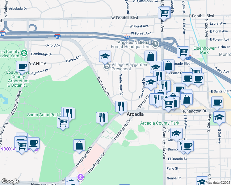 map of restaurants, bars, coffee shops, grocery stores, and more near 125 West Huntington Drive in Arcadia