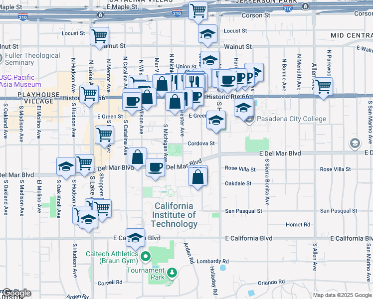 map of restaurants, bars, coffee shops, grocery stores, and more near 245 South Holliston Avenue in Pasadena