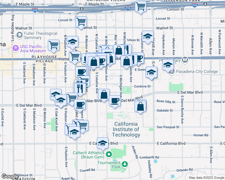 map of restaurants, bars, coffee shops, grocery stores, and more near 1155 East Del Mar Boulevard in Pasadena