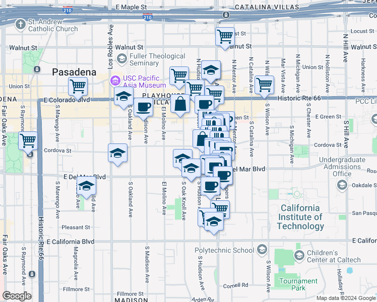 map of restaurants, bars, coffee shops, grocery stores, and more near 255 South Oak Knoll Avenue in Pasadena