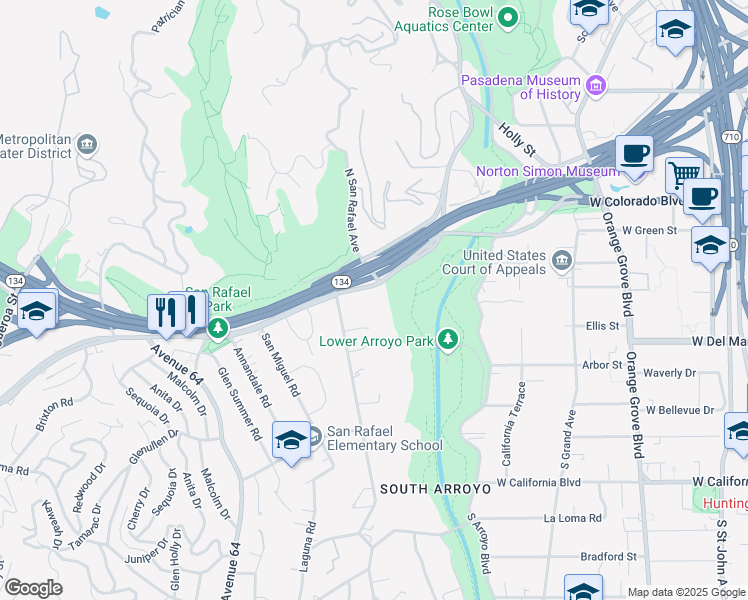 map of restaurants, bars, coffee shops, grocery stores, and more near 1010 San Rafael Lane in Pasadena