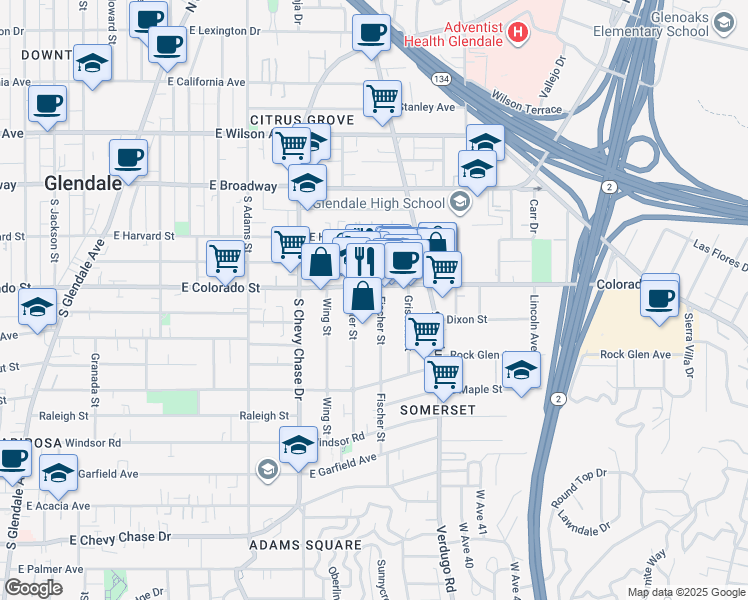 map of restaurants, bars, coffee shops, grocery stores, and more near 400 Fischer Street in Glendale