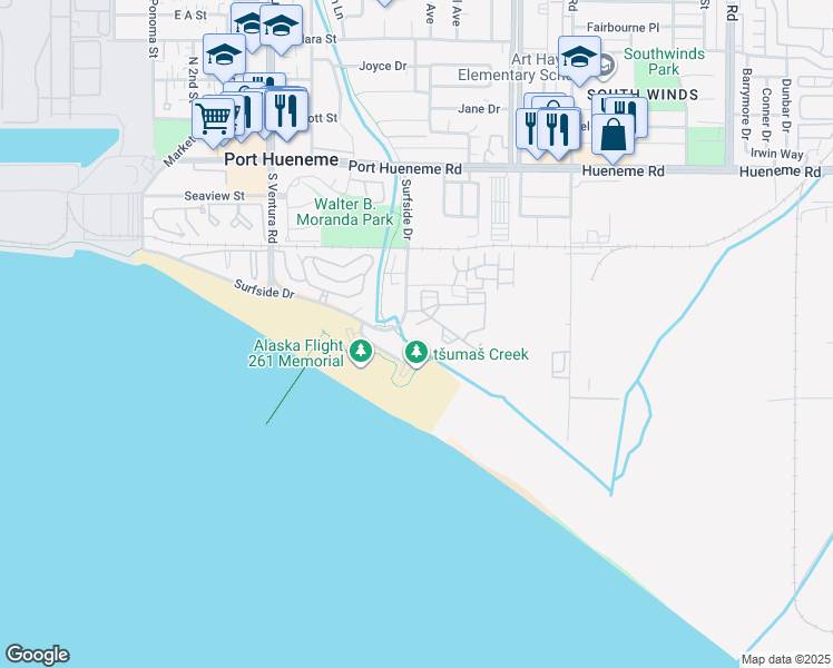 map of restaurants, bars, coffee shops, grocery stores, and more near 735 Ocean View Drive in Port Hueneme