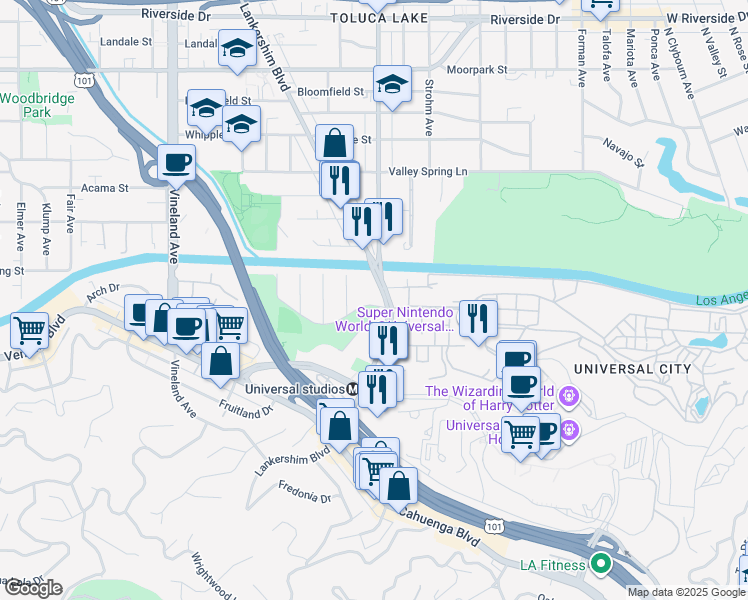map of restaurants, bars, coffee shops, grocery stores, and more near 10624 Bluffside Drive in Los Angeles