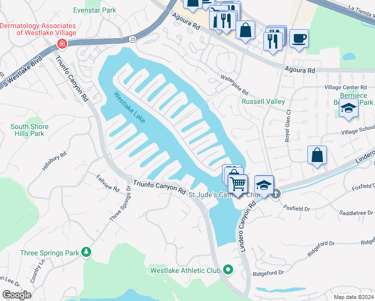 map of restaurants, bars, coffee shops, grocery stores, and more near 32200 Oakshore Drive in Westlake Village