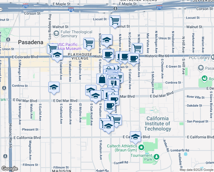 map of restaurants, bars, coffee shops, grocery stores, and more near 269 South Lake Avenue in Pasadena