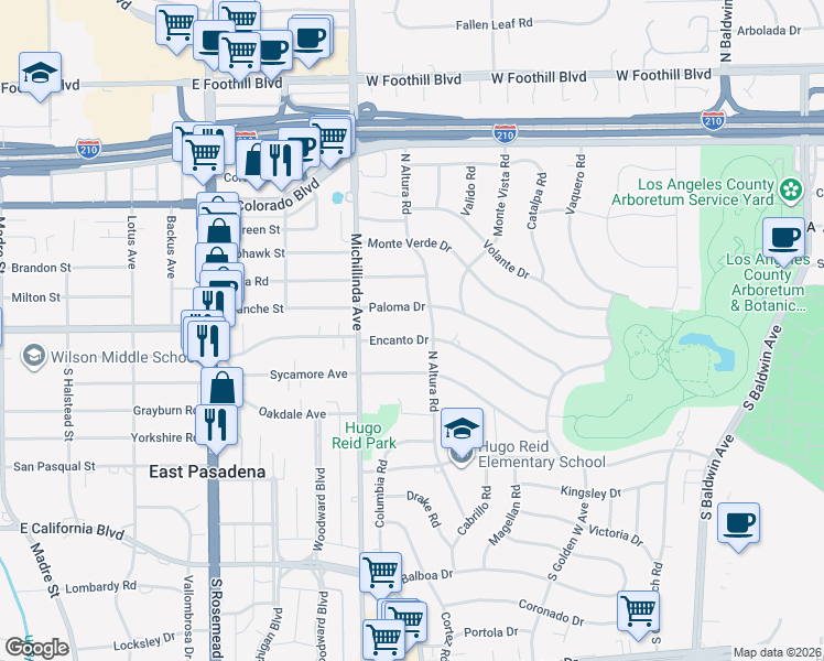 map of restaurants, bars, coffee shops, grocery stores, and more near 1117 Encanto Drive in Arcadia