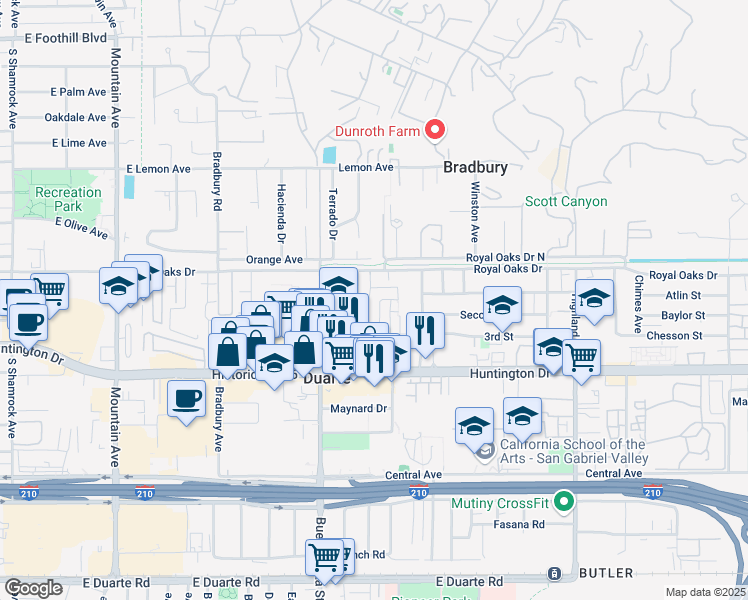 map of restaurants, bars, coffee shops, grocery stores, and more near 903 Cabrillo Drive in Duarte