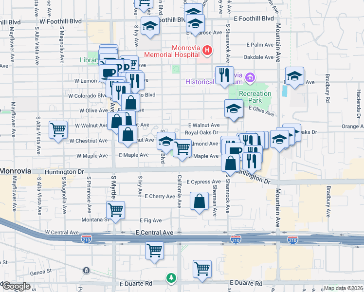 map of restaurants, bars, coffee shops, grocery stores, and more near 411 East Maple Avenue in Monrovia