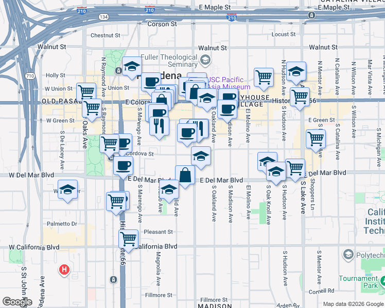 map of restaurants, bars, coffee shops, grocery stores, and more near 253 South Los Robles Avenue in Pasadena