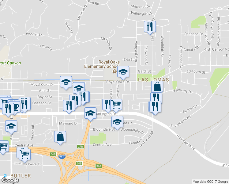 map of restaurants, bars, coffee shops, grocery stores, and more near 2445 Bashor Street in Duarte