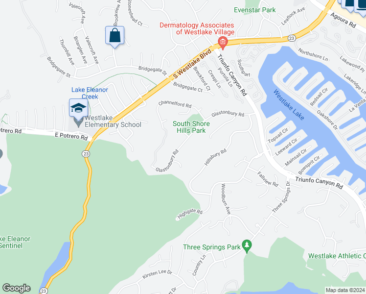 map of restaurants, bars, coffee shops, grocery stores, and more near 2086 Glastonbury Road in Westlake Village