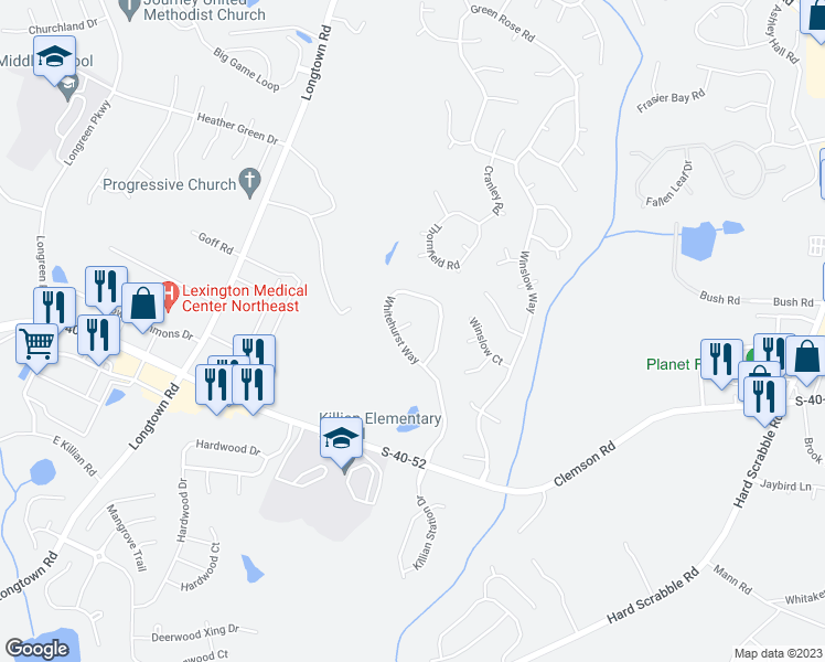 map of restaurants, bars, coffee shops, grocery stores, and more near 4 Woodfin Court in Columbia