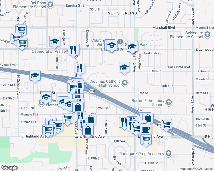 map of restaurants, bars, coffee shops, grocery stores, and more near 6150 Merito Avenue in San Bernardino