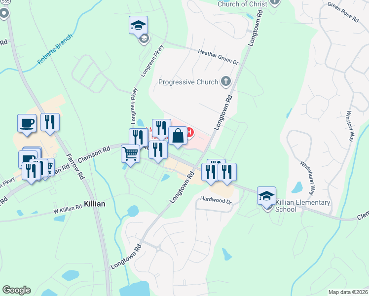 map of restaurants, bars, coffee shops, grocery stores, and more near Longtown Commons Drive in Columbia