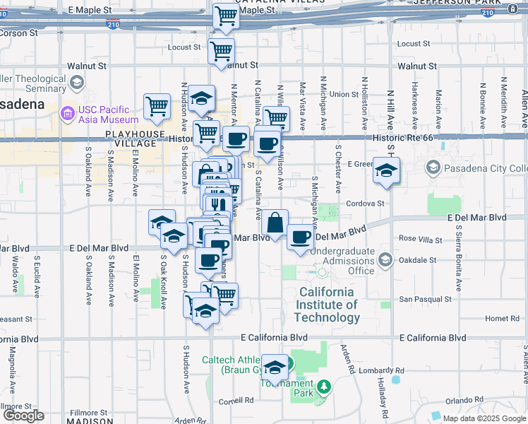 map of restaurants, bars, coffee shops, grocery stores, and more near in Pasadena