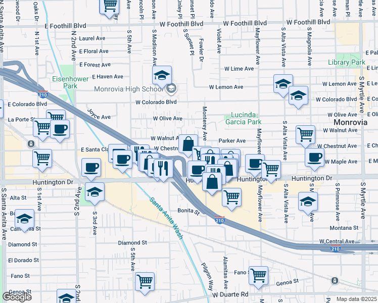map of restaurants, bars, coffee shops, grocery stores, and more near 745 West Huntington Drive in Monrovia