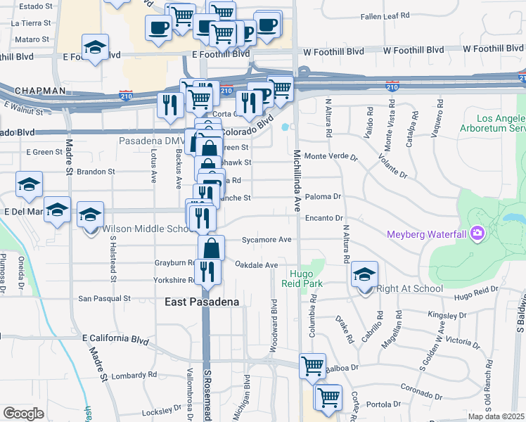 map of restaurants, bars, coffee shops, grocery stores, and more near 3837 Mountain View Avenue in Pasadena