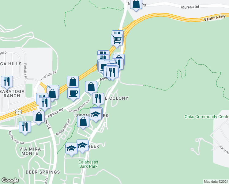 map of restaurants, bars, coffee shops, grocery stores, and more near 4684 Luna Court in Calabasas