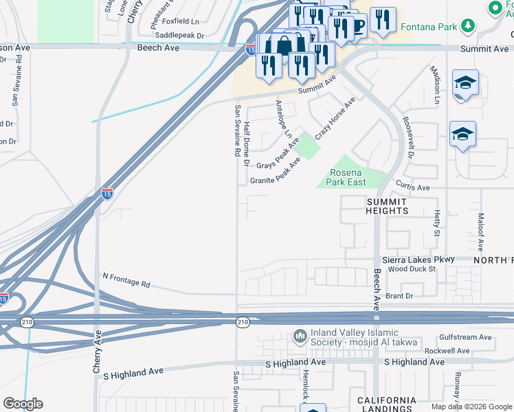 map of restaurants, bars, coffee shops, grocery stores, and more near 14956 Genoa Drive in Fontana