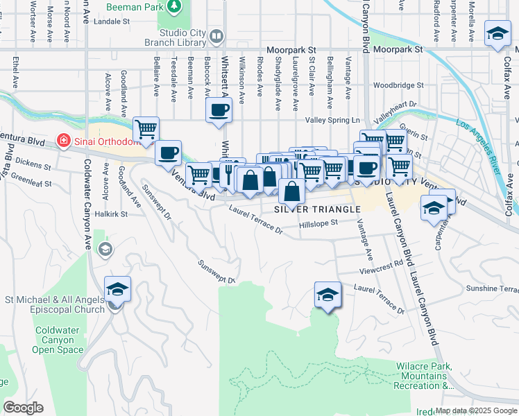 map of restaurants, bars, coffee shops, grocery stores, and more near 3935 Rhodes Avenue in Los Angeles