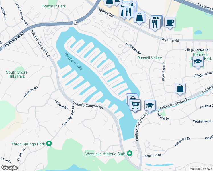 map of restaurants, bars, coffee shops, grocery stores, and more near 32200 Oakshore Drive in Westlake Village