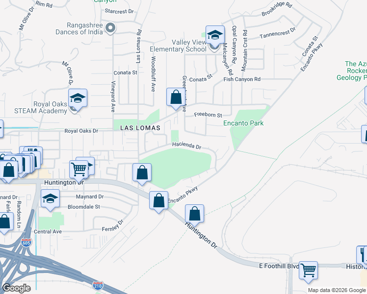map of restaurants, bars, coffee shops, grocery stores, and more near 2790 Hacienda Drive in Duarte