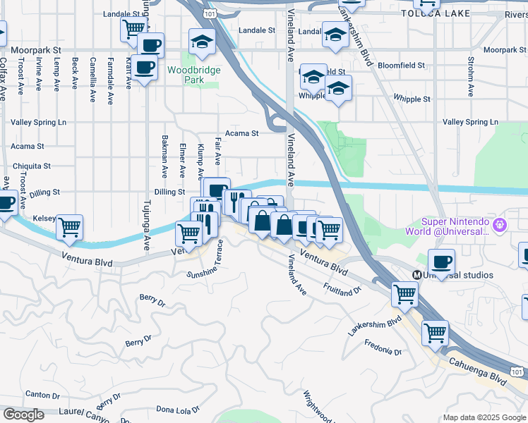 map of restaurants, bars, coffee shops, grocery stores, and more near 4151 Arch Dr in Studio City
