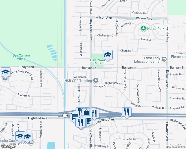 map of restaurants, bars, coffee shops, grocery stores, and more near 6148 Taylor Canyon Place in Rancho Cucamonga