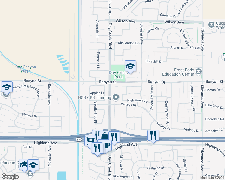 map of restaurants, bars, coffee shops, grocery stores, and more near 6148 Taylor Canyon Place in Rancho Cucamonga