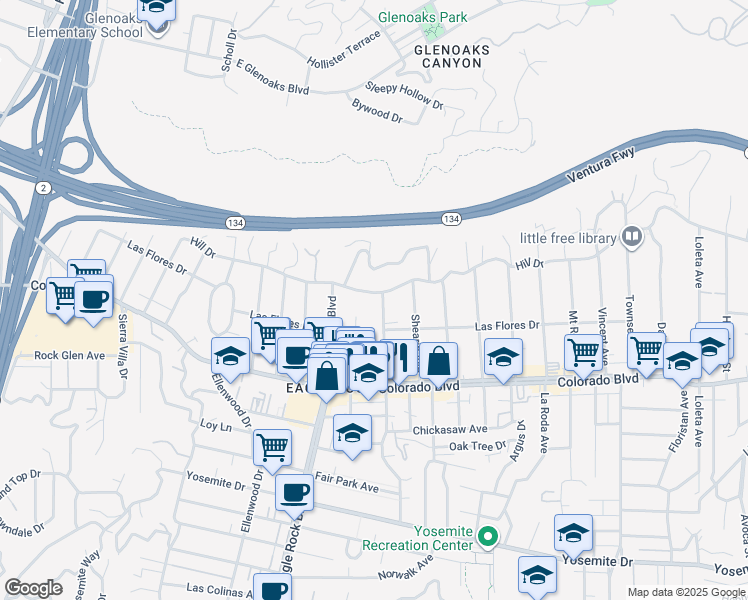 map of restaurants, bars, coffee shops, grocery stores, and more near 2110 Hill Drive in Los Angeles