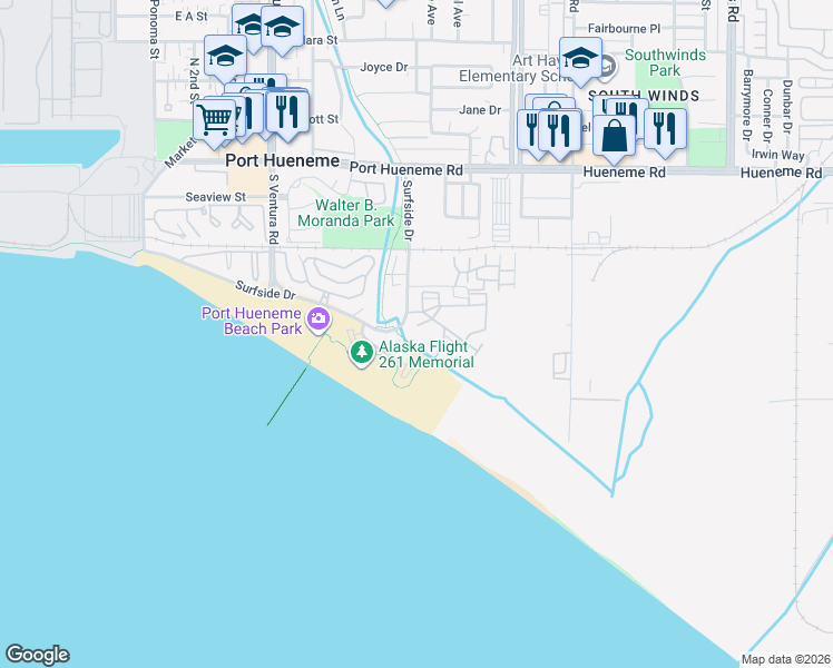 map of restaurants, bars, coffee shops, grocery stores, and more near 735 Ocean View Drive in Port Hueneme