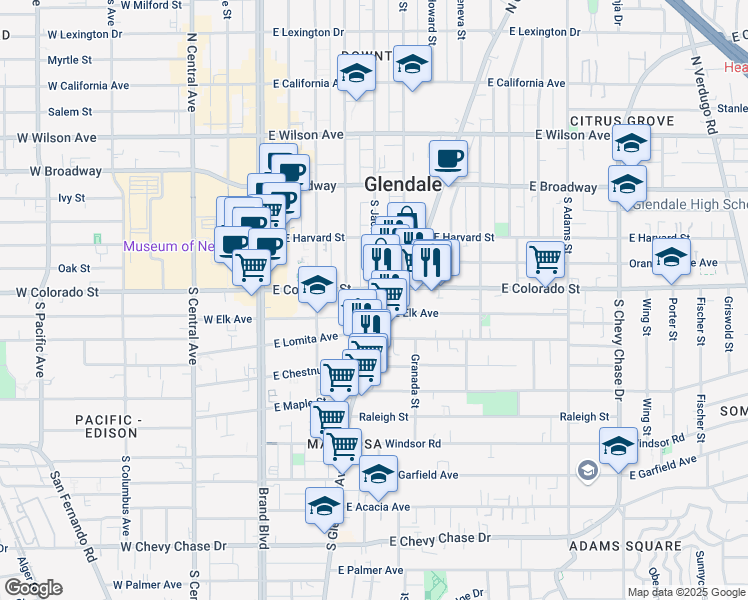 map of restaurants, bars, coffee shops, grocery stores, and more near 400 South Glendale Avenue in Glendale