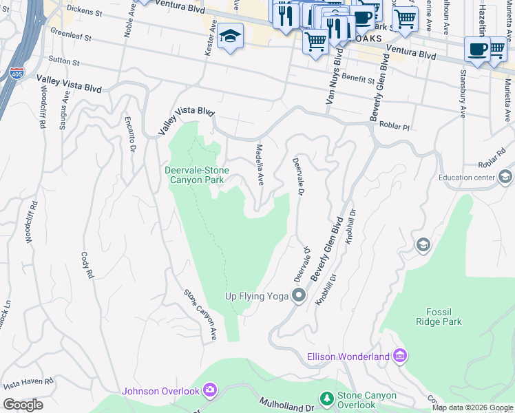 map of restaurants, bars, coffee shops, grocery stores, and more near 14807 Round Valley Drive in Los Angeles