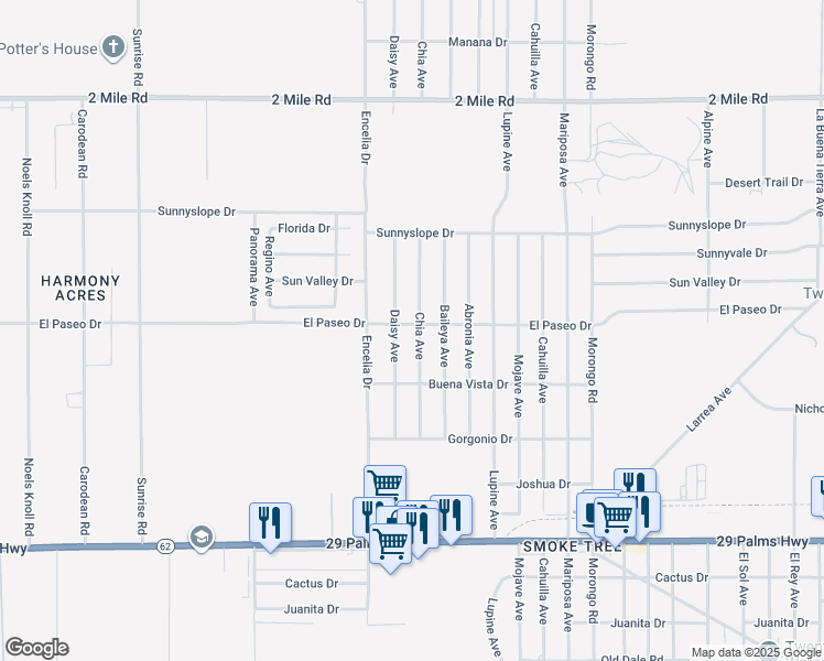 map of restaurants, bars, coffee shops, grocery stores, and more near 6073 Daisy Avenue in Twentynine Palms