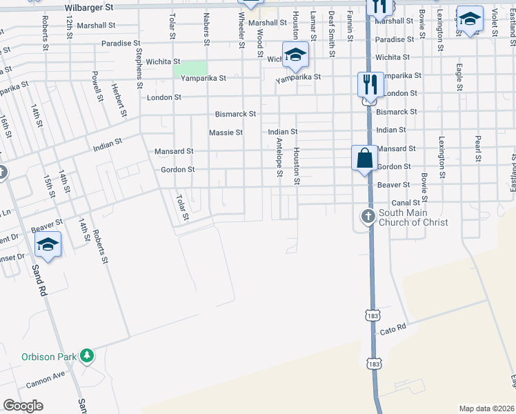 map of restaurants, bars, coffee shops, grocery stores, and more near 2801 Wood Street in Vernon