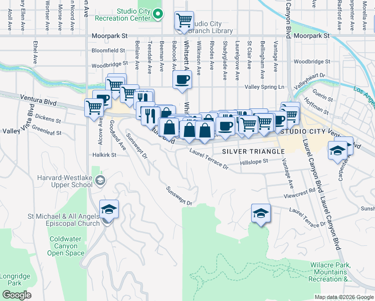 map of restaurants, bars, coffee shops, grocery stores, and more near 12464 Laurel Terrace Drive in Los Angeles