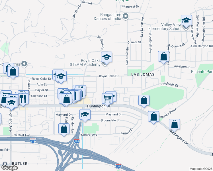 map of restaurants, bars, coffee shops, grocery stores, and more near 2445 Bashor Street in Duarte